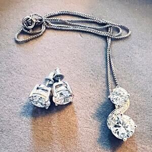 Sterling Silver CZ S-Curve Pendant Necklace & Stud Earrings Set (925 CZ)